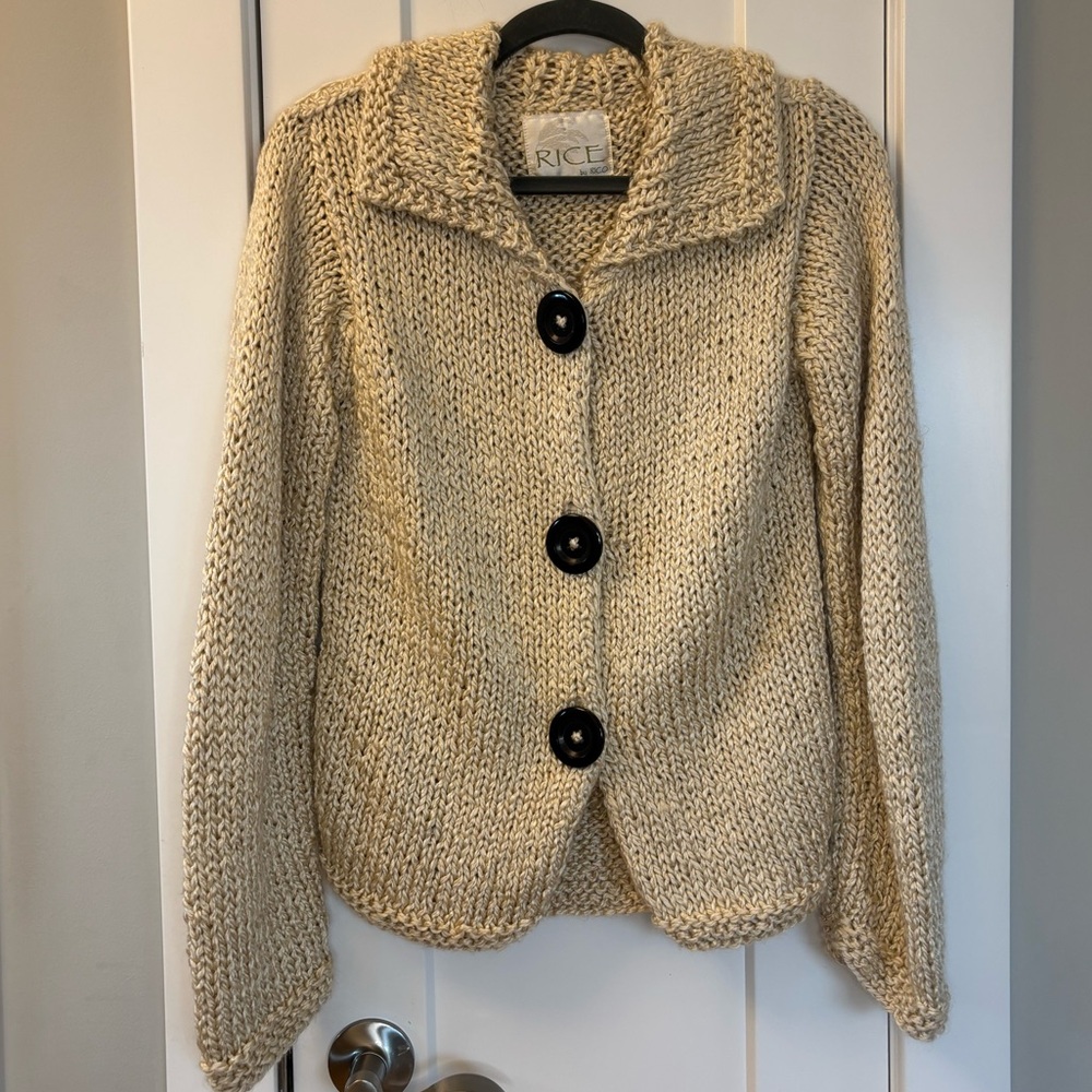 Chunky Knit Ivory Cardigan Button Up Boho Cozy Brand Rice by Rico Sz Small